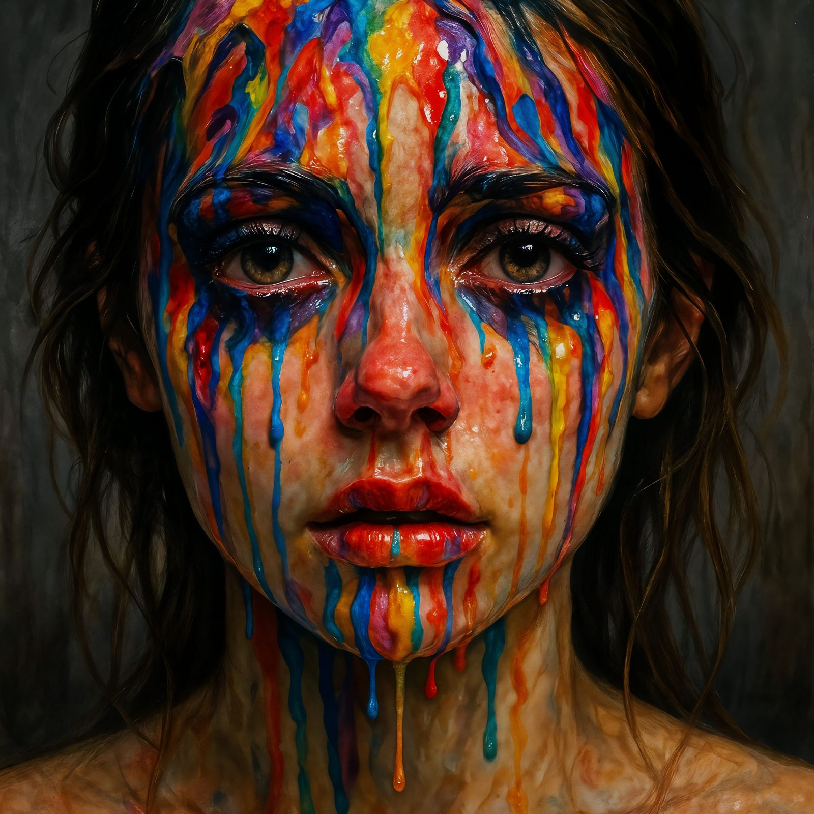 Melting Makeup on Sad Woman's Face as Colorful Tears