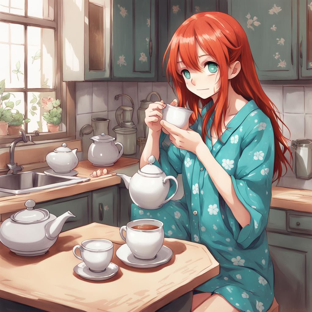 Girl with Red Hair in Anime Style