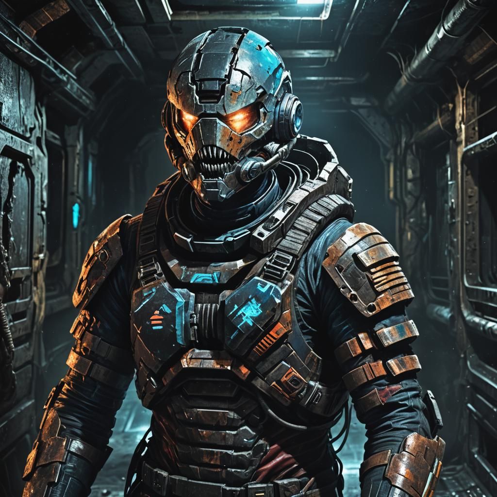 Terrified Astronaut Screaming in Dark Spaceship Corridor