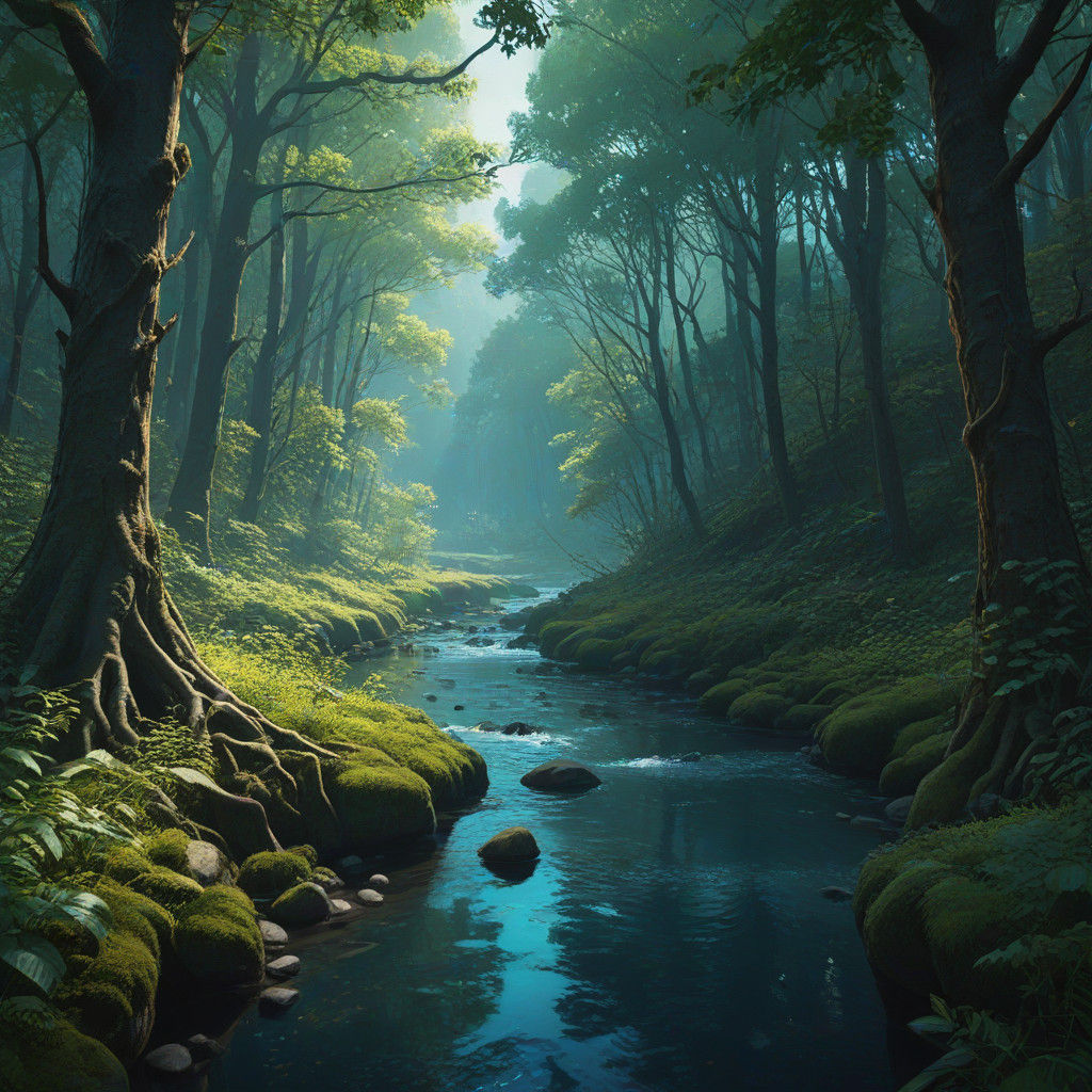 Ethereal River in a Mystical Forest, Vibrant Oil Painting