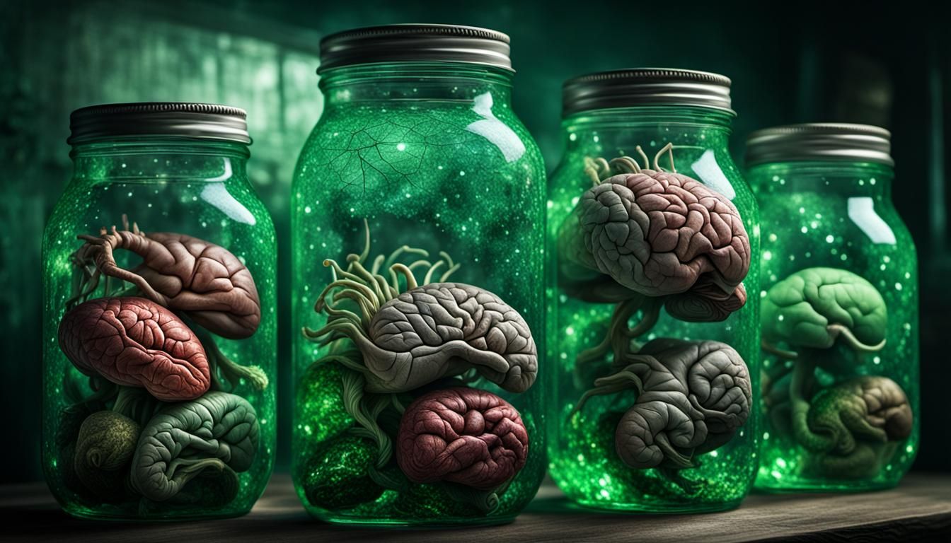 Jars of Organs in Dark Green Room