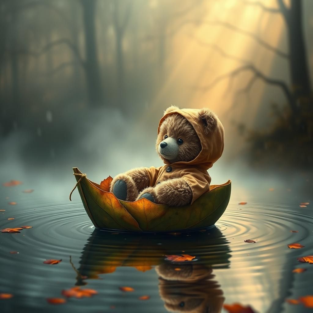 Teddy Bear's Rainy Day Voyage in Surreal Style
