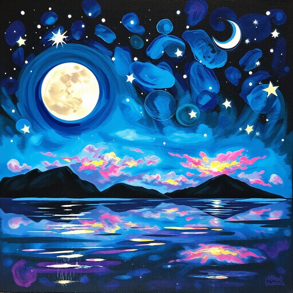 Whimsical Cosmic Night Sky in Vibrant Impasto Colors