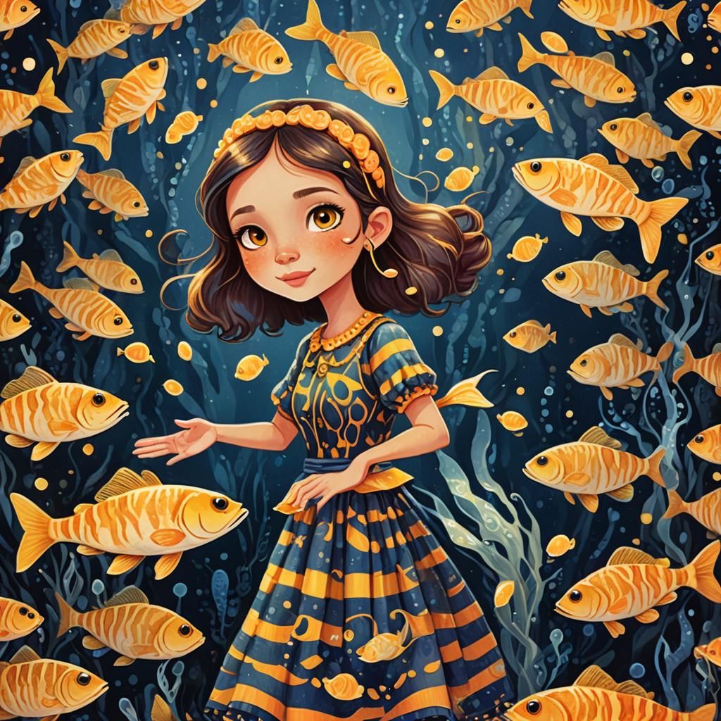 A whimsical illustration of an orange and yellow striped cat...