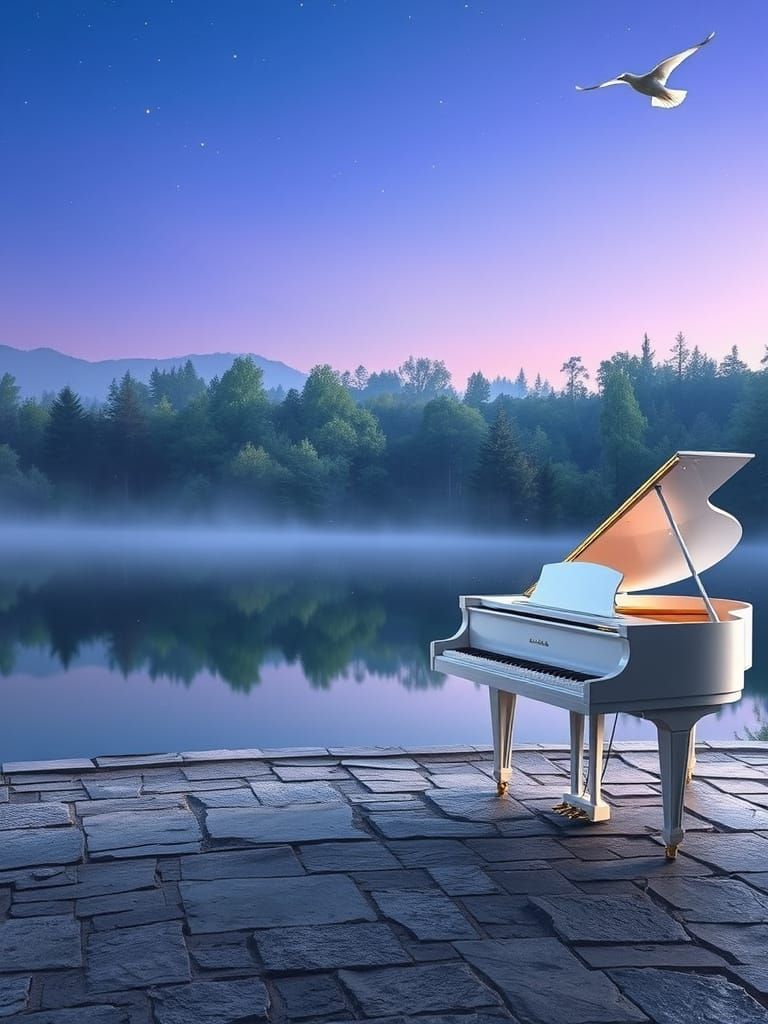 Ethereal Dawn Concerto: Ancient Piano Amidst Shimmering Lake