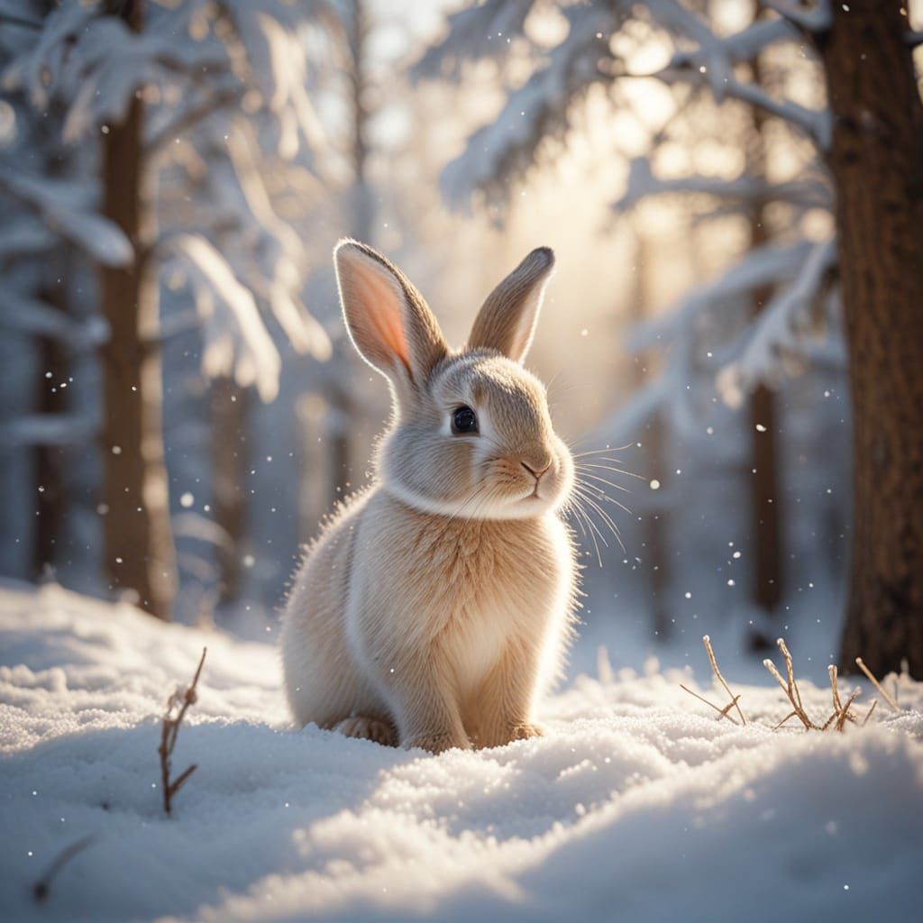 Painterly Realism: Baby Rabbit in Winter Forest