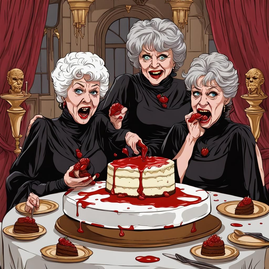 The Golden Girls as vampires eating blood covered cheesecake
