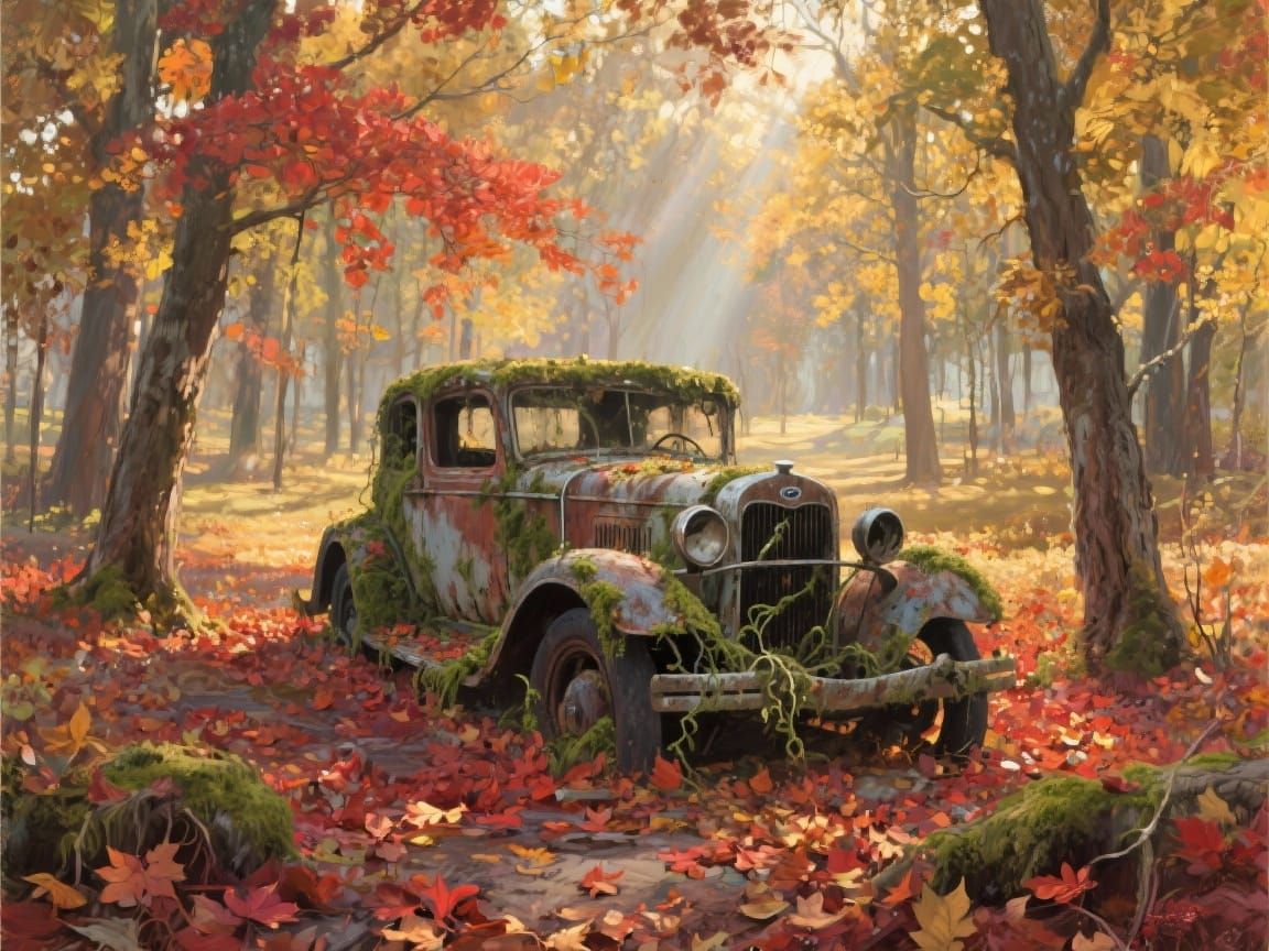 Abandoned 1932 Ford in Autumn Forest Oil Painting