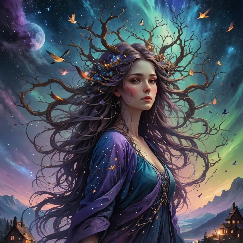 Woman with Tree Hair in Starry Night Sky