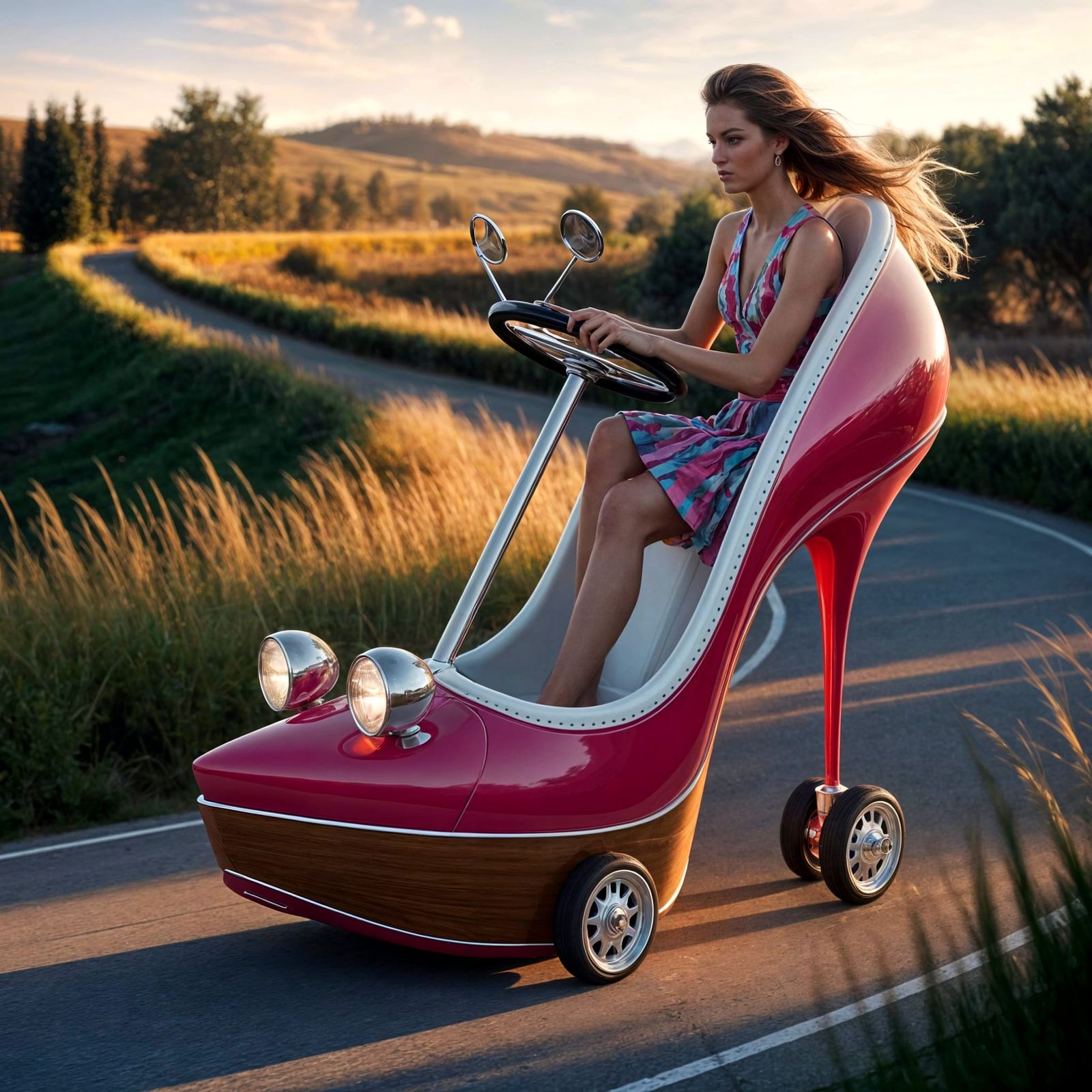 Pink High Heel Shoe Car on Winding Road