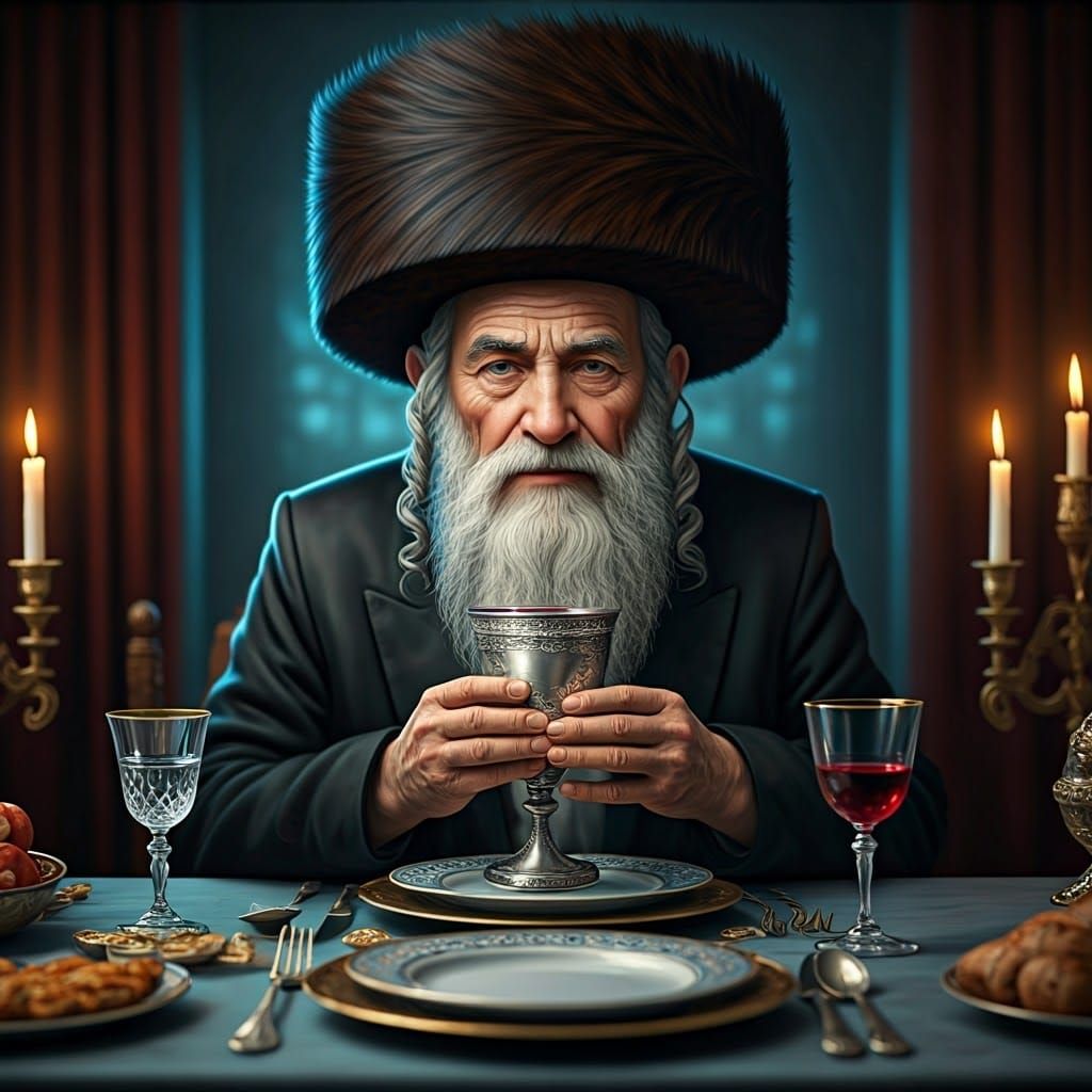 Venerable Man with Spodik at Shabbat Table