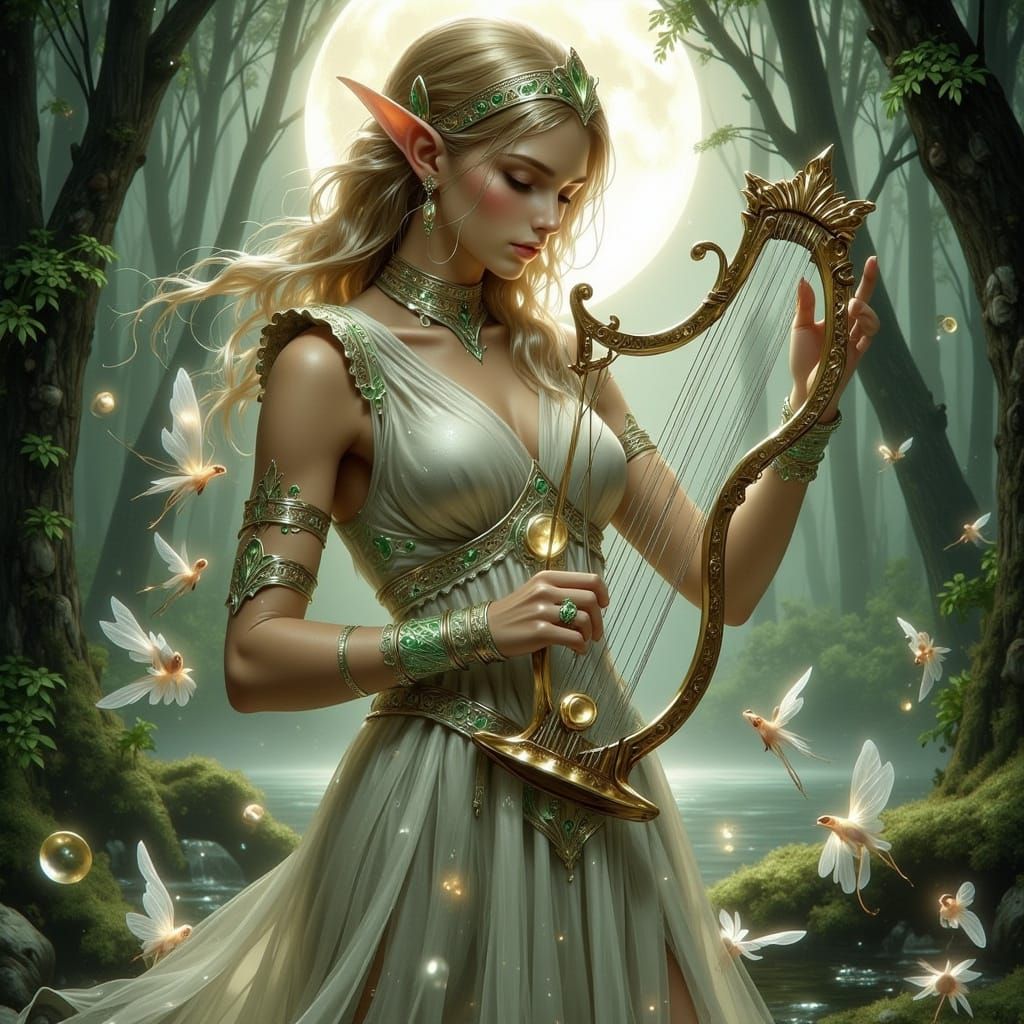 Elf Musician with Lyre in Enchanted Forest