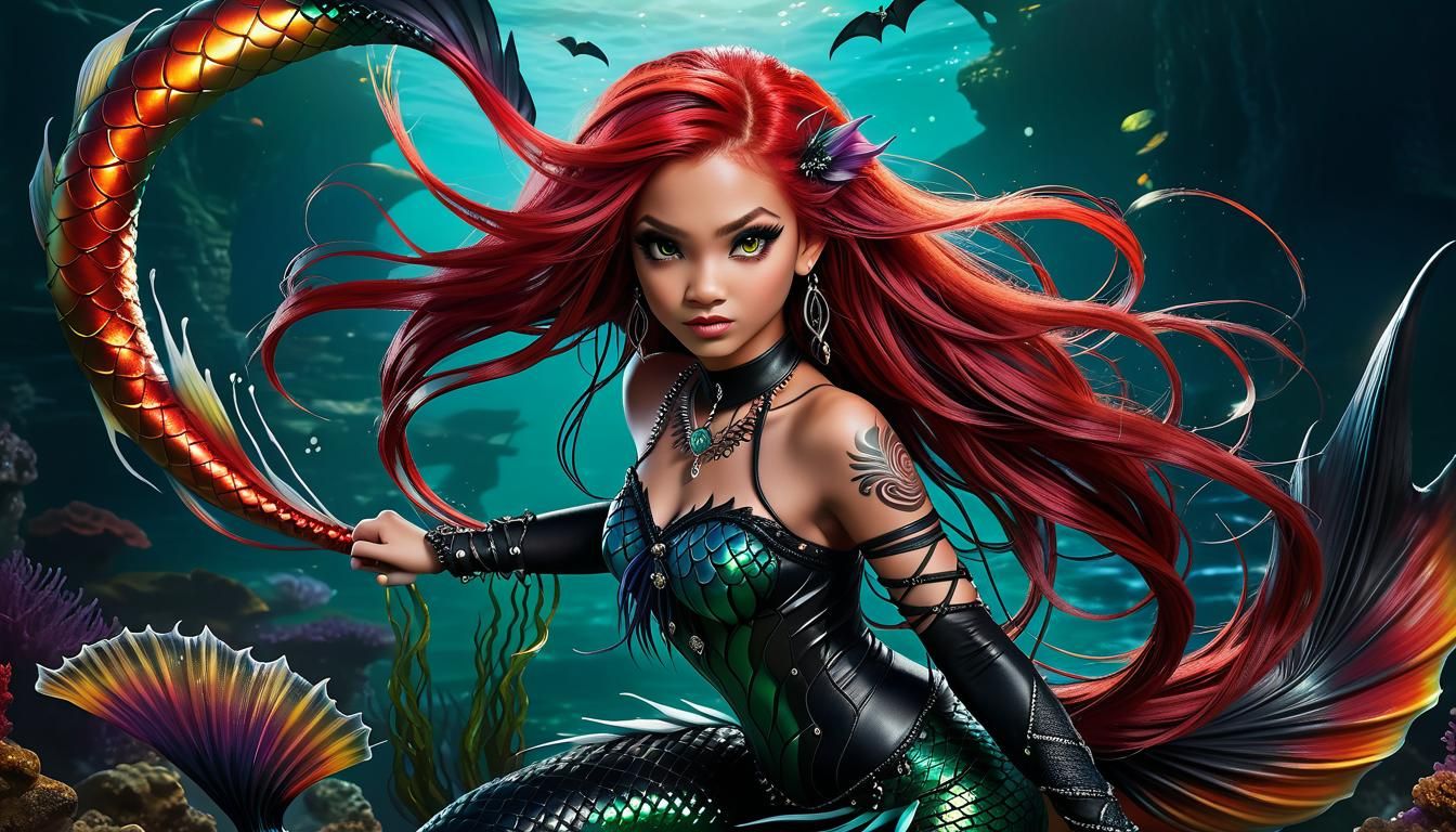 Punky Demon Mermaid with Black Wings