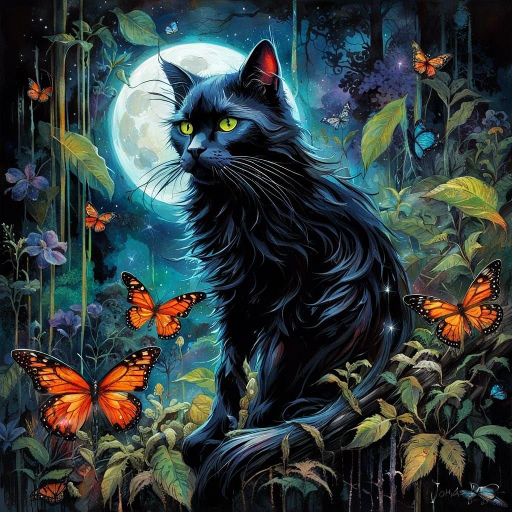 Enchanting Black Cat in Moonlit Rainforest