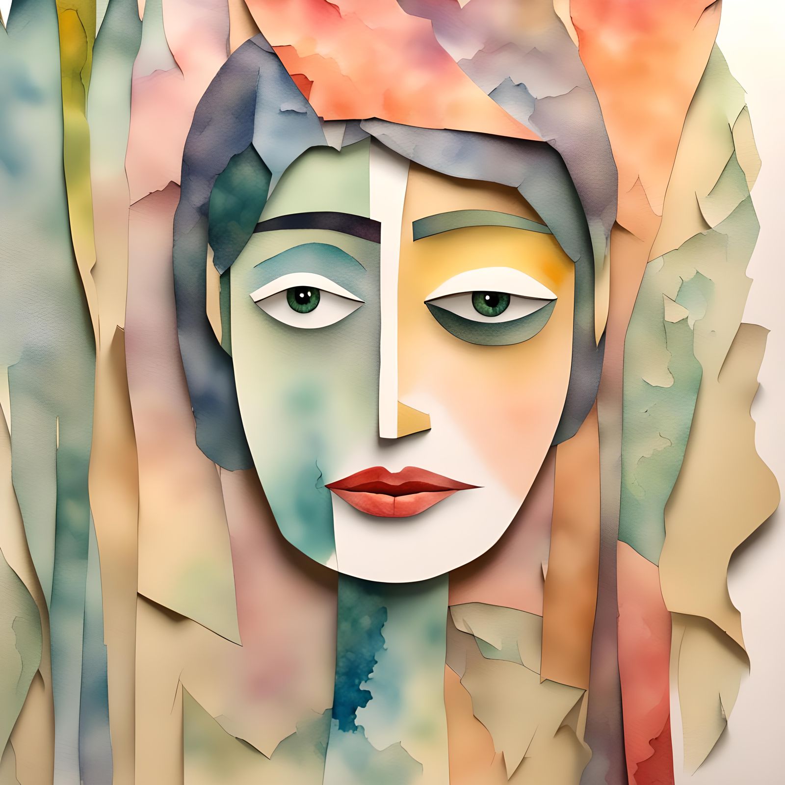 Whimsical Paper Puppet Woman in Watercolor Collage