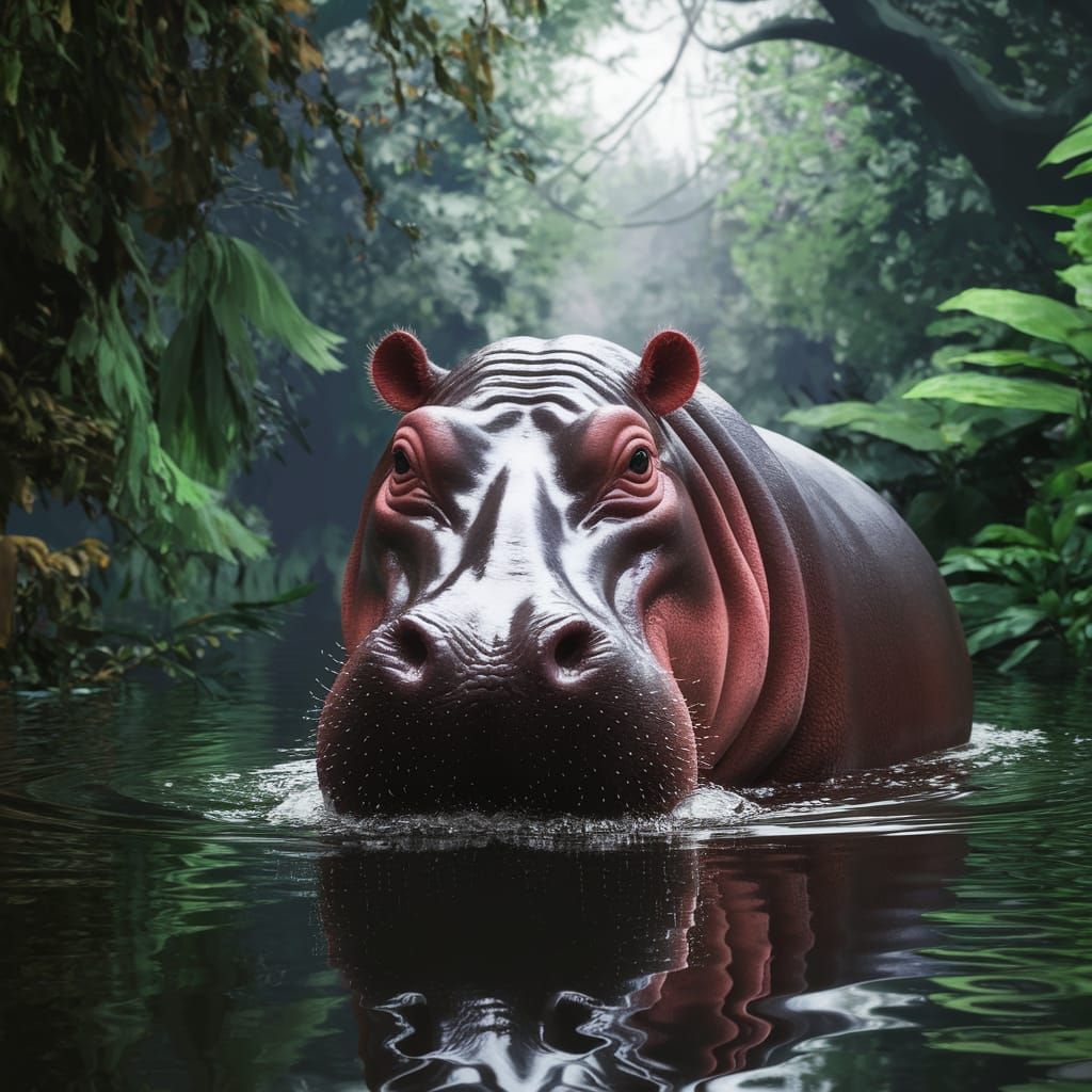 Hippopotamus in Jungle River: Detailed Matte Painting