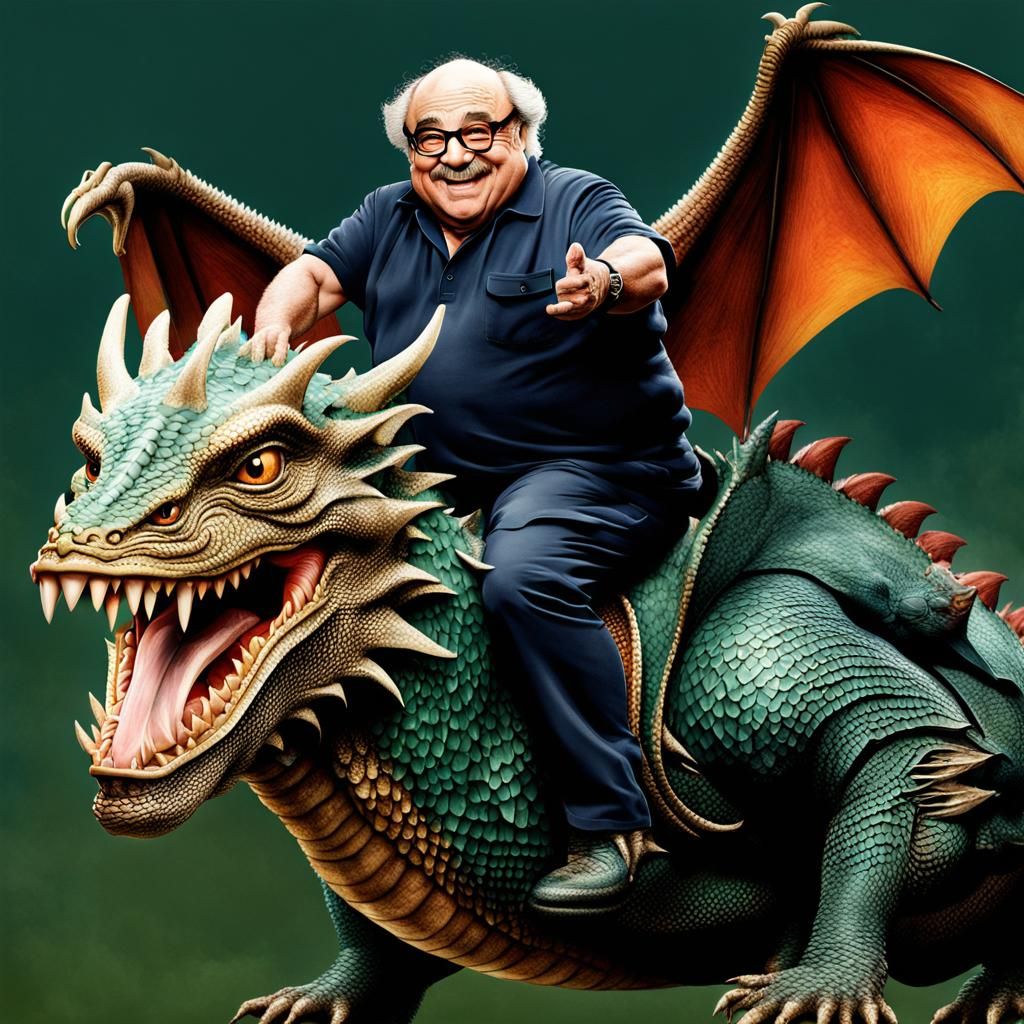 Danny Devito Rides a Dragon in Fantasy Art