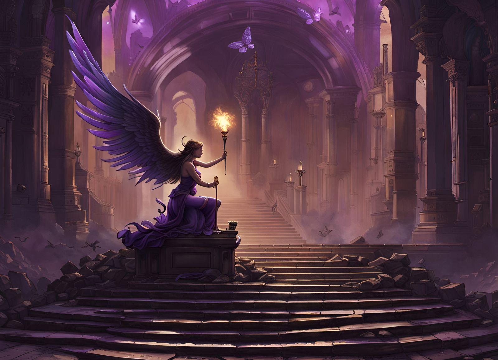 Winged Angel with Torch in Steampunk Style