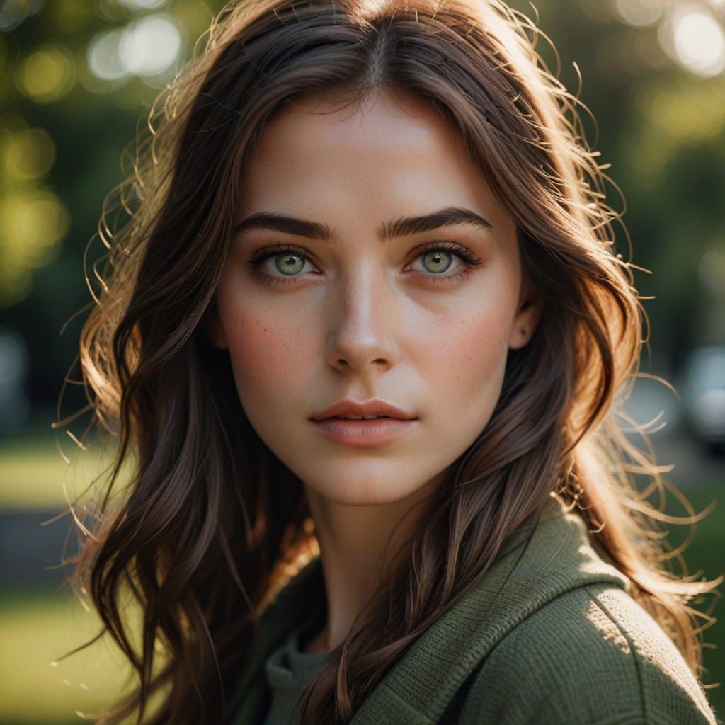 Cinematic Portrait of a Woman with Striking Green Eyes