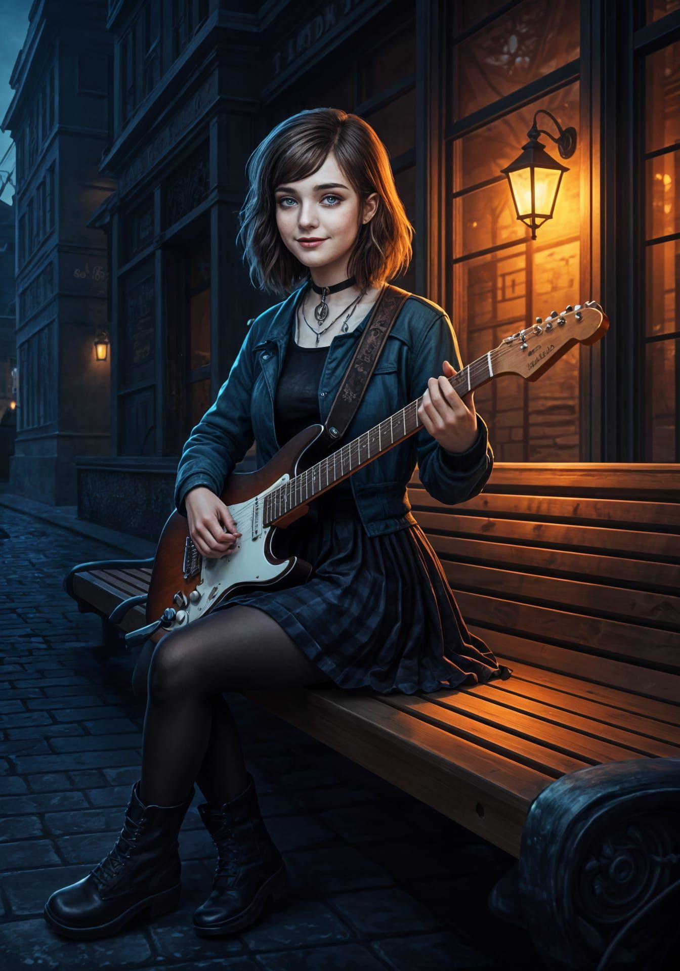 Gothic Goddess Plays Electric Guitar in Cozy Downtown Settin...