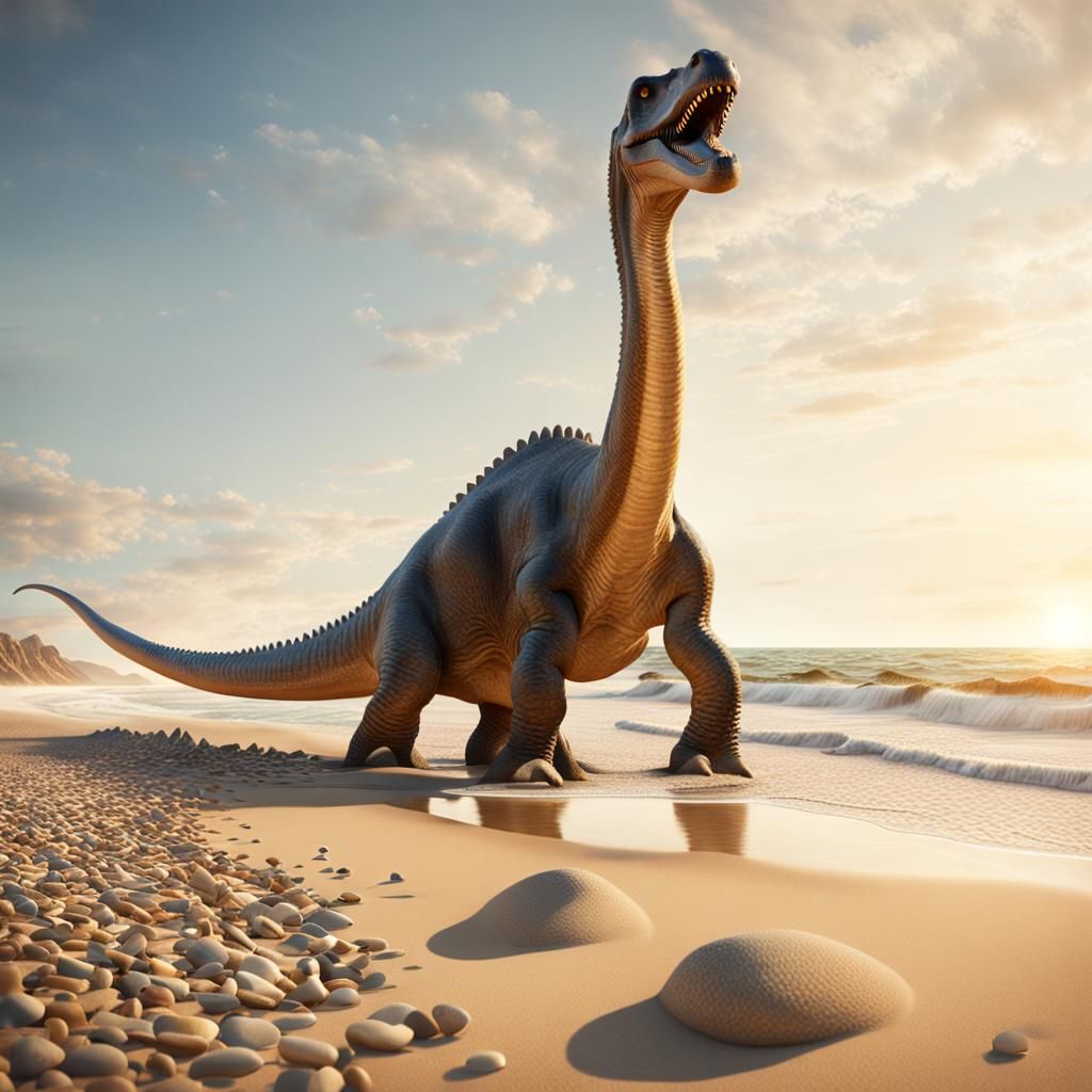 Giant Diplodocus on Beach in Dreamlike Surrealism