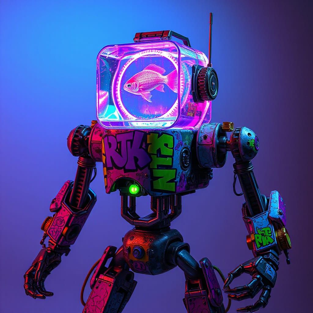Neon Graffiti Robot with Crystalline Aquarium Head