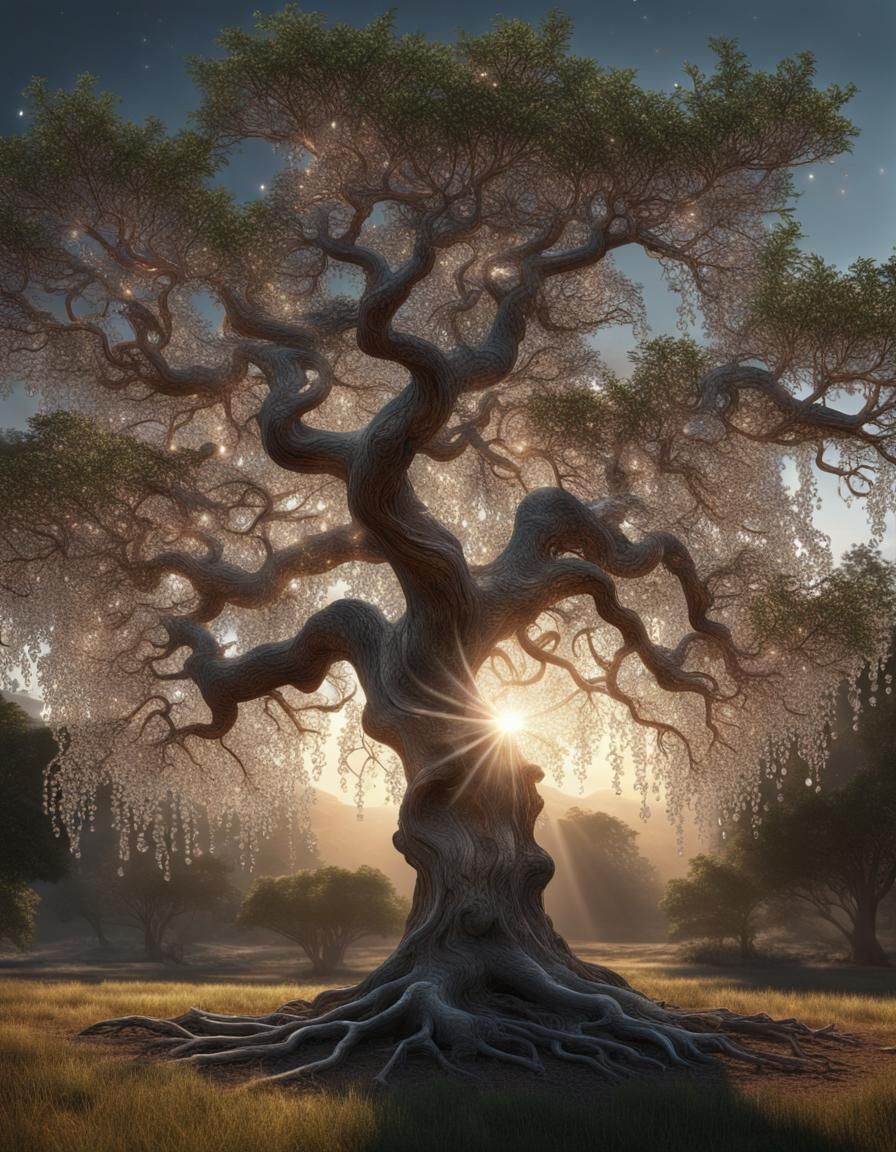 Crystal Yggdrasil Refracts Dawn Light: CGI Fine Art