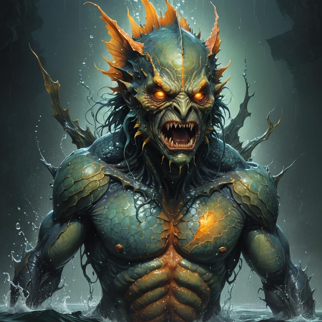 Grotesque Fish-Man Emerges in Dark Fantasy Style