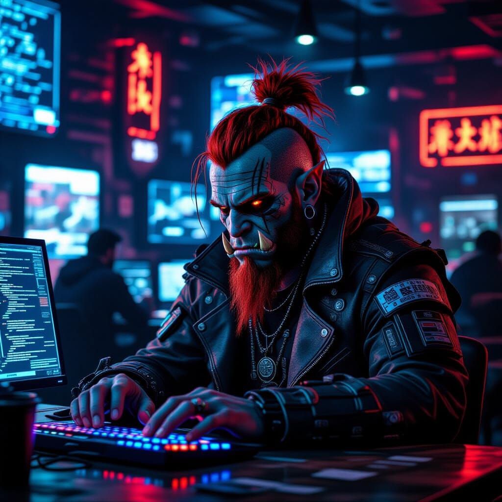 Orc Hacker in Cyberpunk Cafe: Blade Runner Ambiance