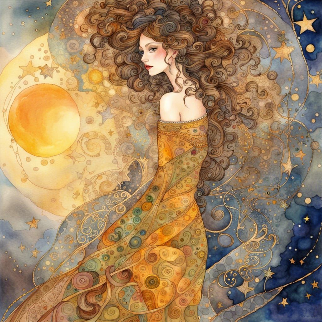 Klimt-Inspired Watercolor Stars: Detailed Digital Painting