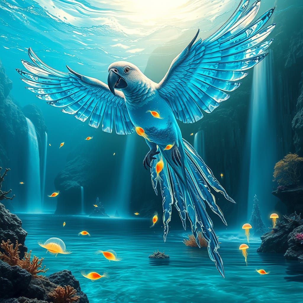 Ethereal Water Parrot Soars Above Tropical Lagoon in Cyberpu...