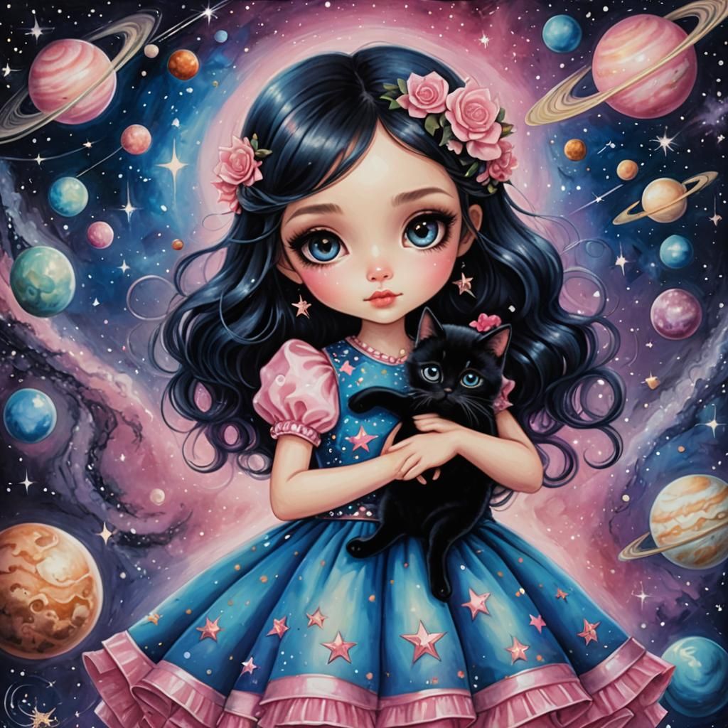 Girl and Cat in Starry Galaxy, Jasmine Becket-Griffith Style