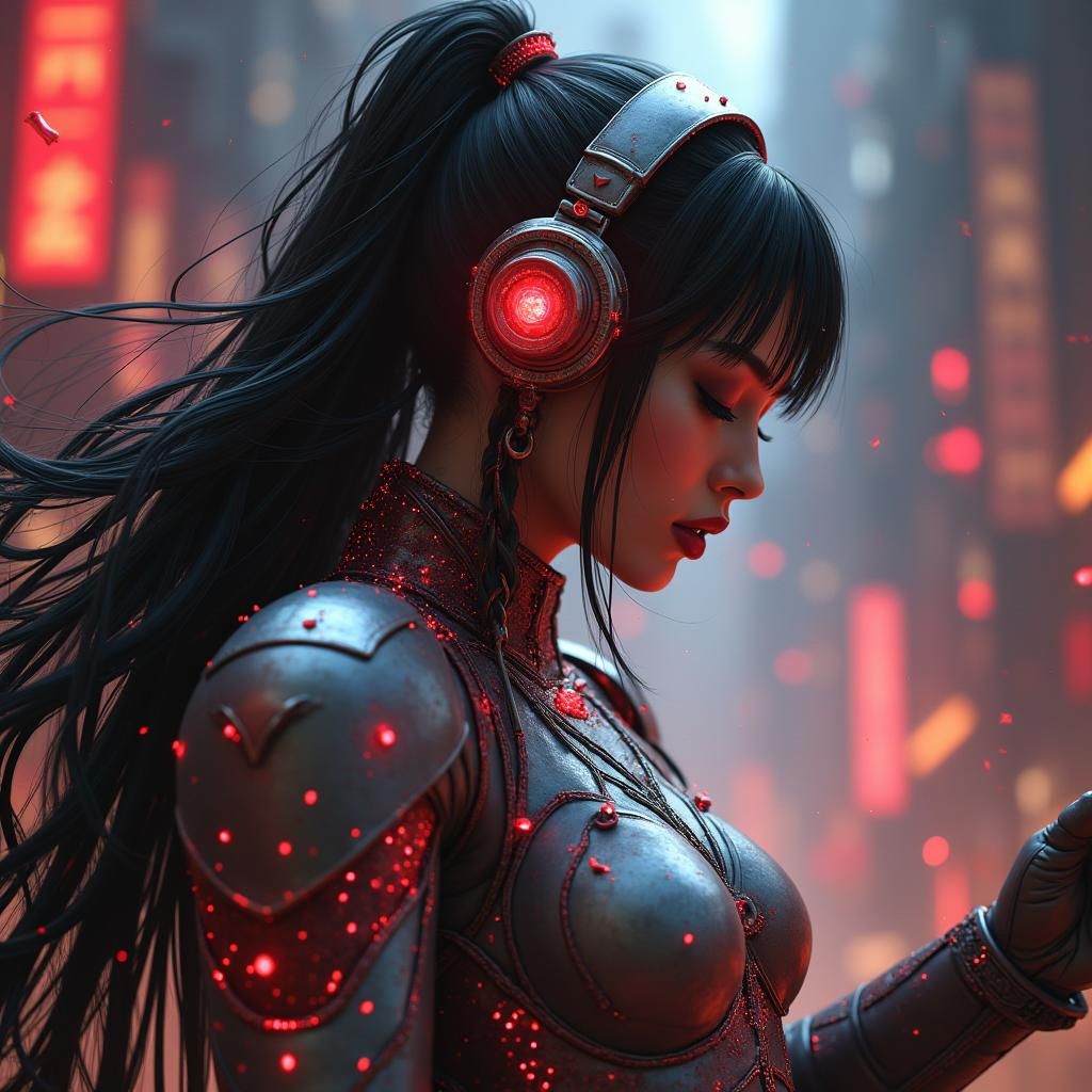 Female Bard Singing with Mecha Armor, Detailed Matte Paintin...