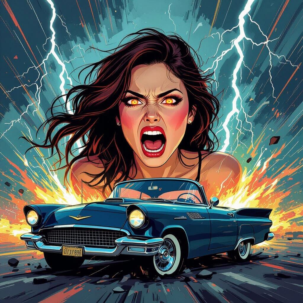 Fiery Woman Confronts Broken Car Amidst Lightning