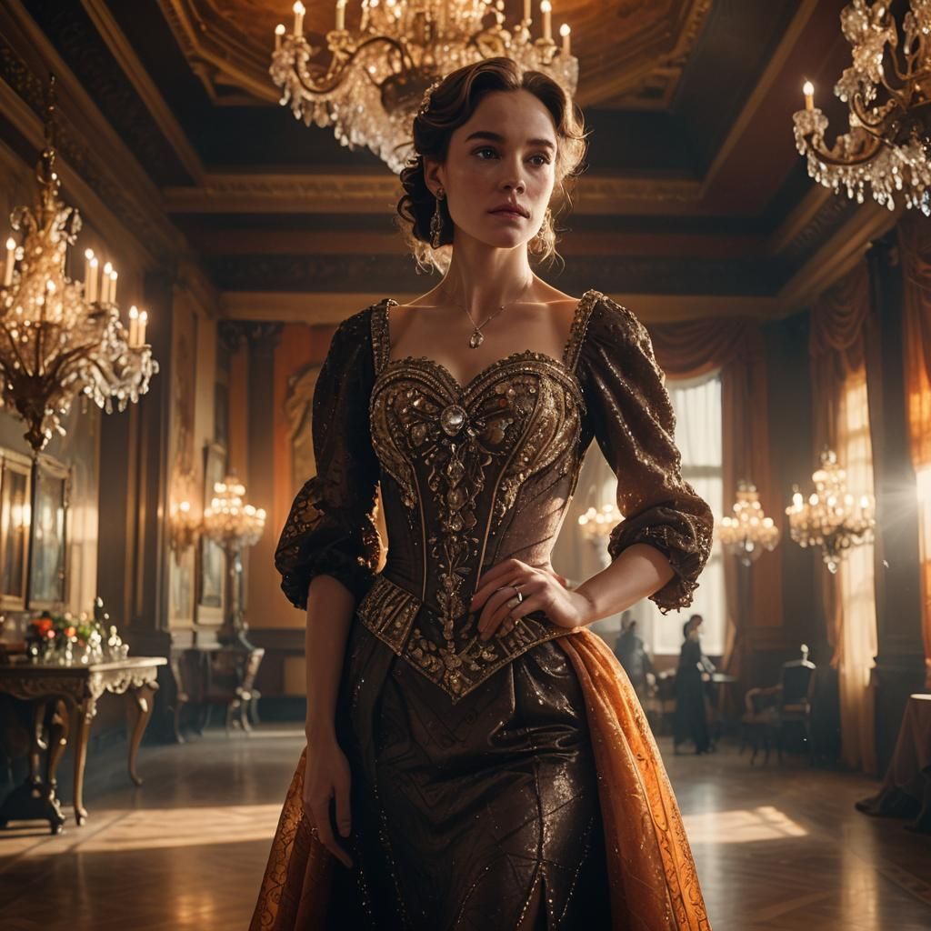 Elegant Woman in Ballroom, Van Gogh Style Portrait