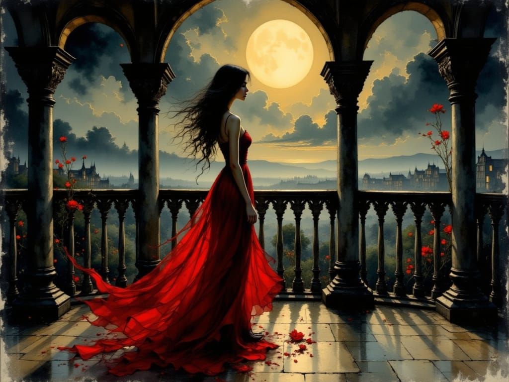 Woman on Balcony Under Moonlight in Neo-Impressionist Style