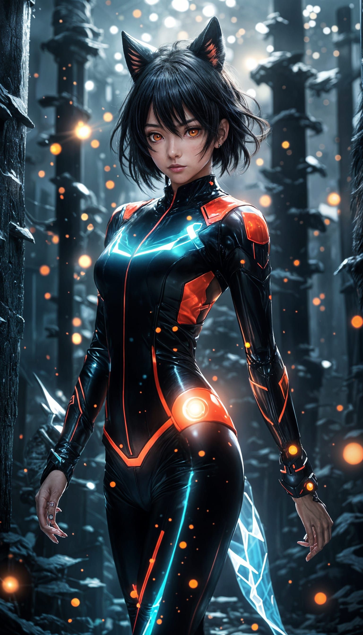 Anime Girl with Radiant Glow and Wolf-Like Ears