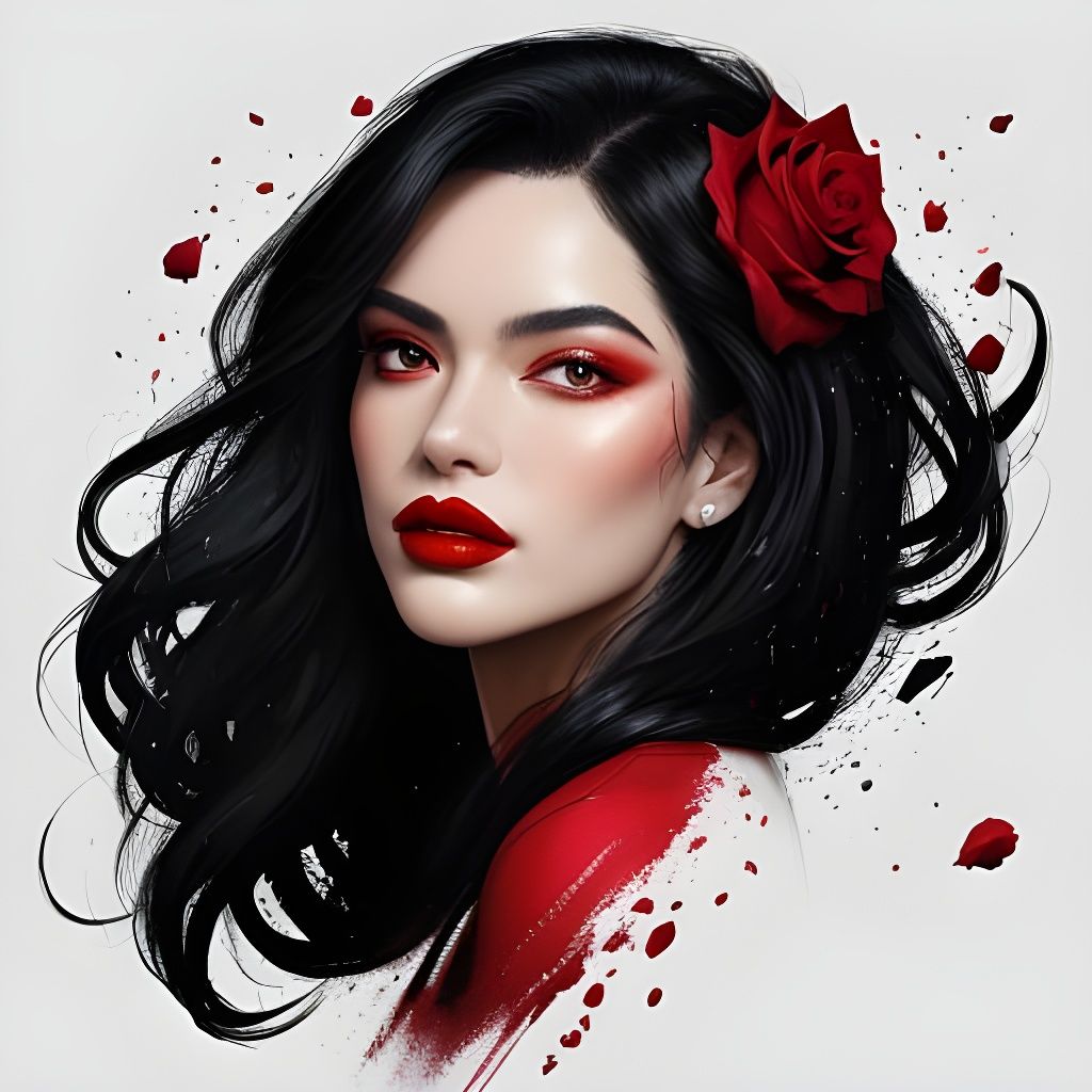 Beautiful Woman Smelling a Red Rose in a Vibrant, Intricatel...