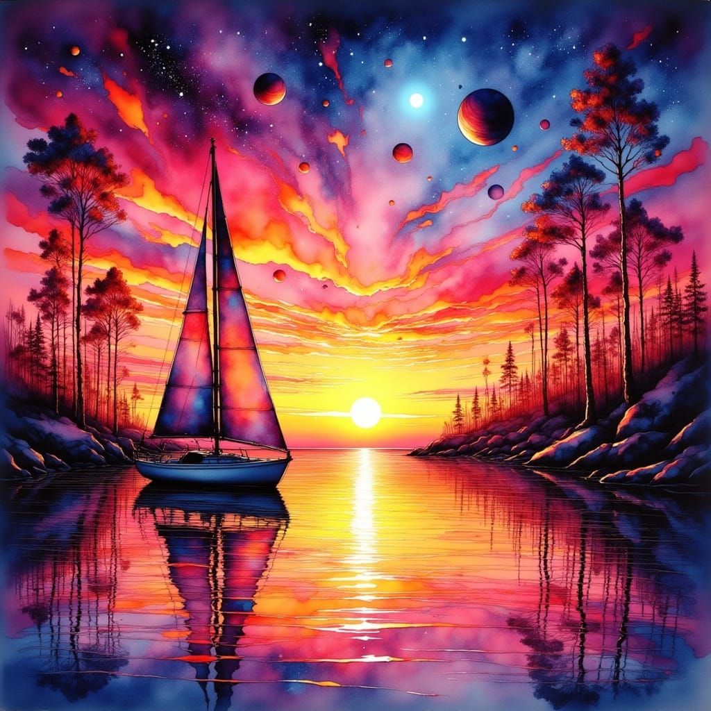 Vibrant Cosmic Sailboat Scene in Neo-Impressionist Style