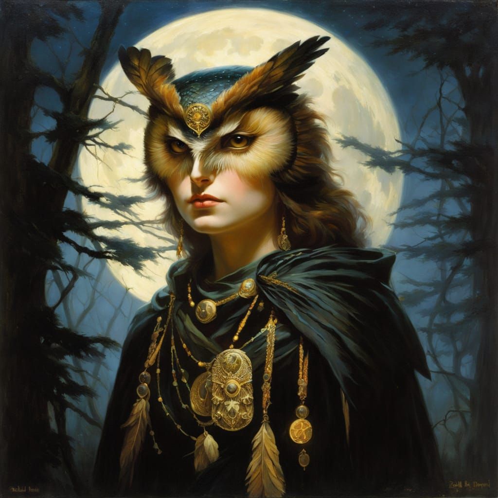 Enchanted Sorceress Owl in a Whimsical Moonlit Forest
