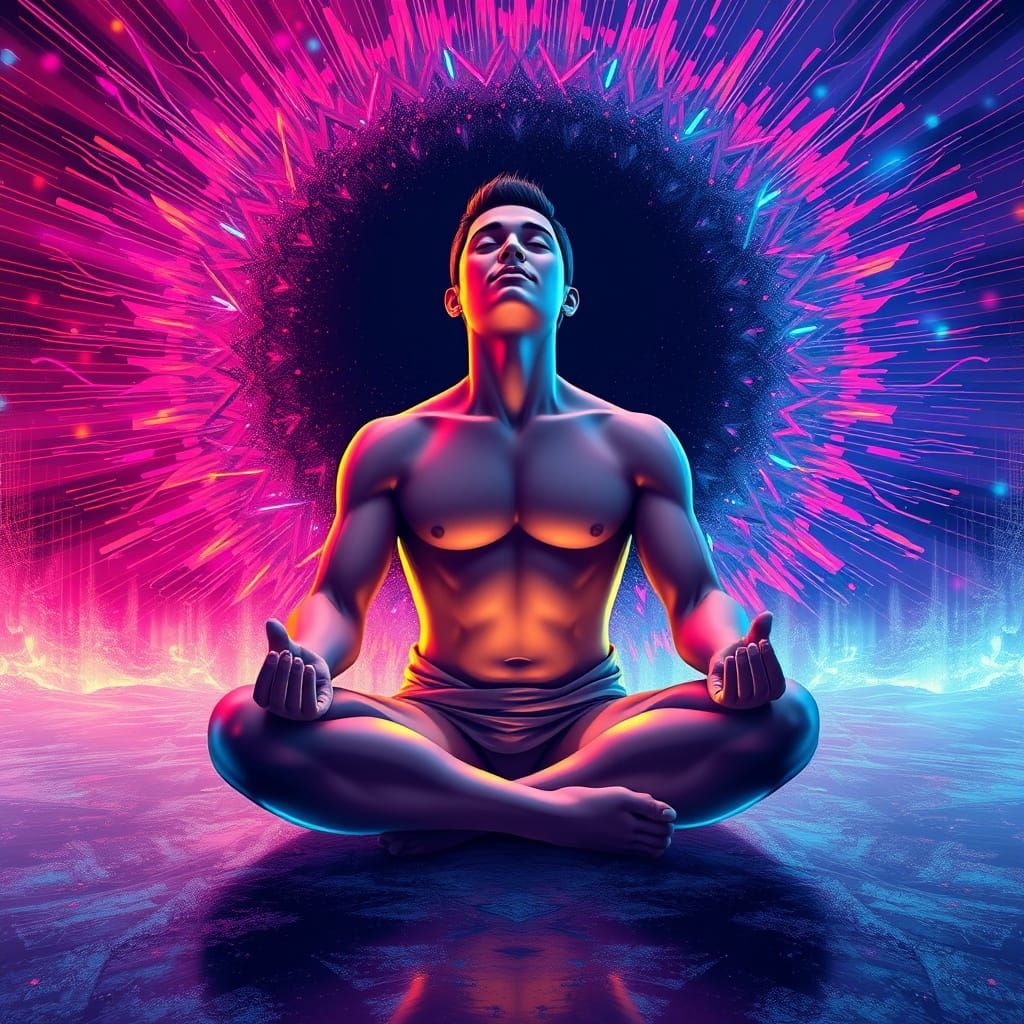 Vibrant Energy Swirls Around Meditating Figure in Pop Art St...