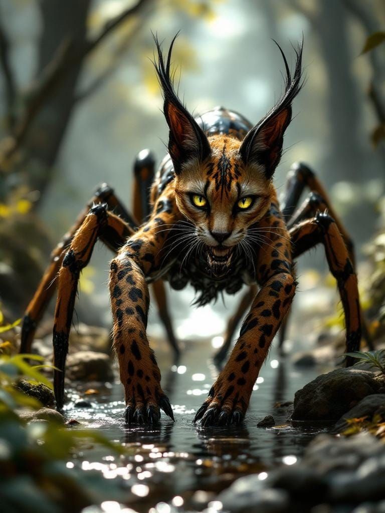 Caracal-Spider Chimera in Dark Fantasy Forest