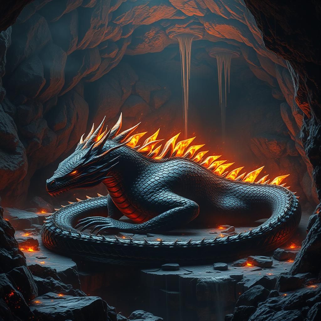 Black Fire Dragon Sleeping in Crystal Cave