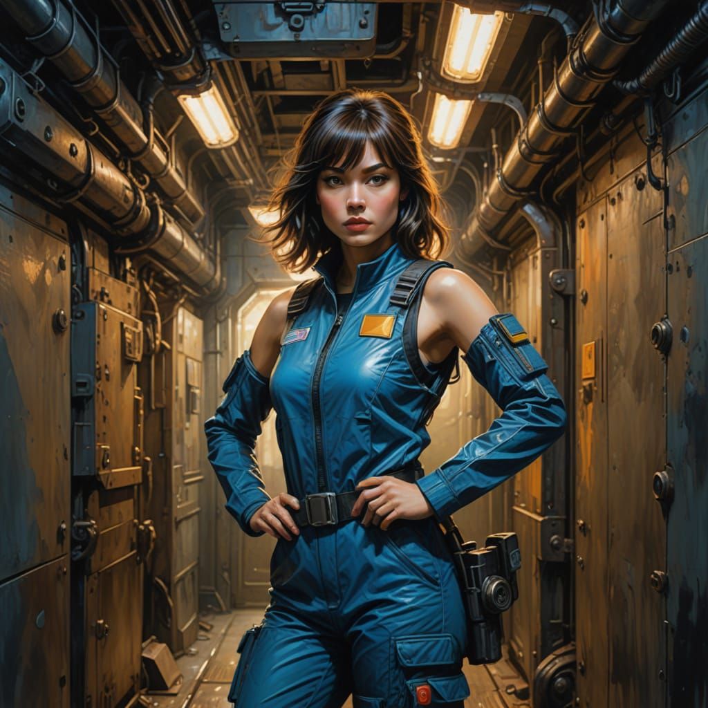 Stunning Impressionist Space Agent in Brutalist Corridor