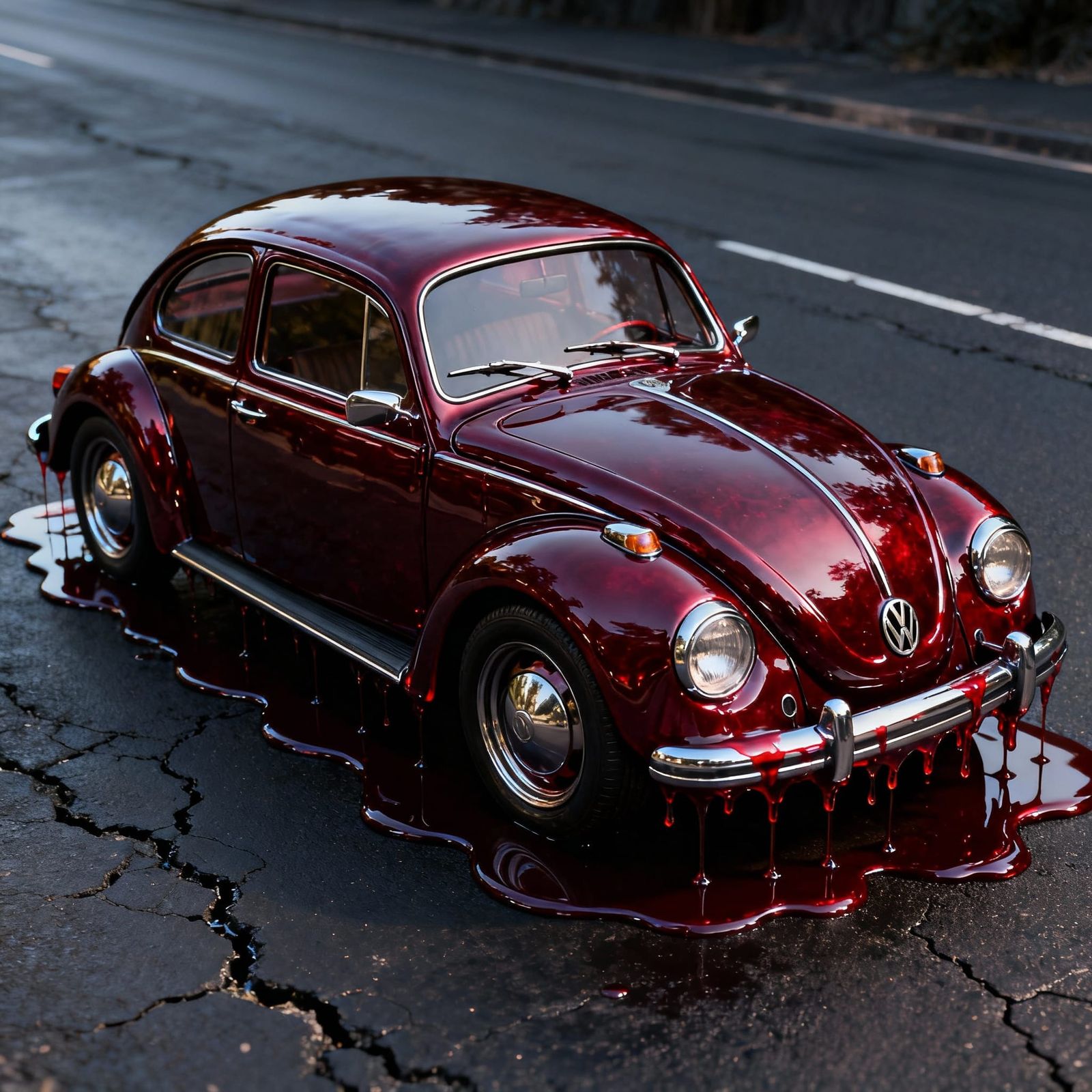 Red Wine VW Beetle Car Dripping Luxuriously
