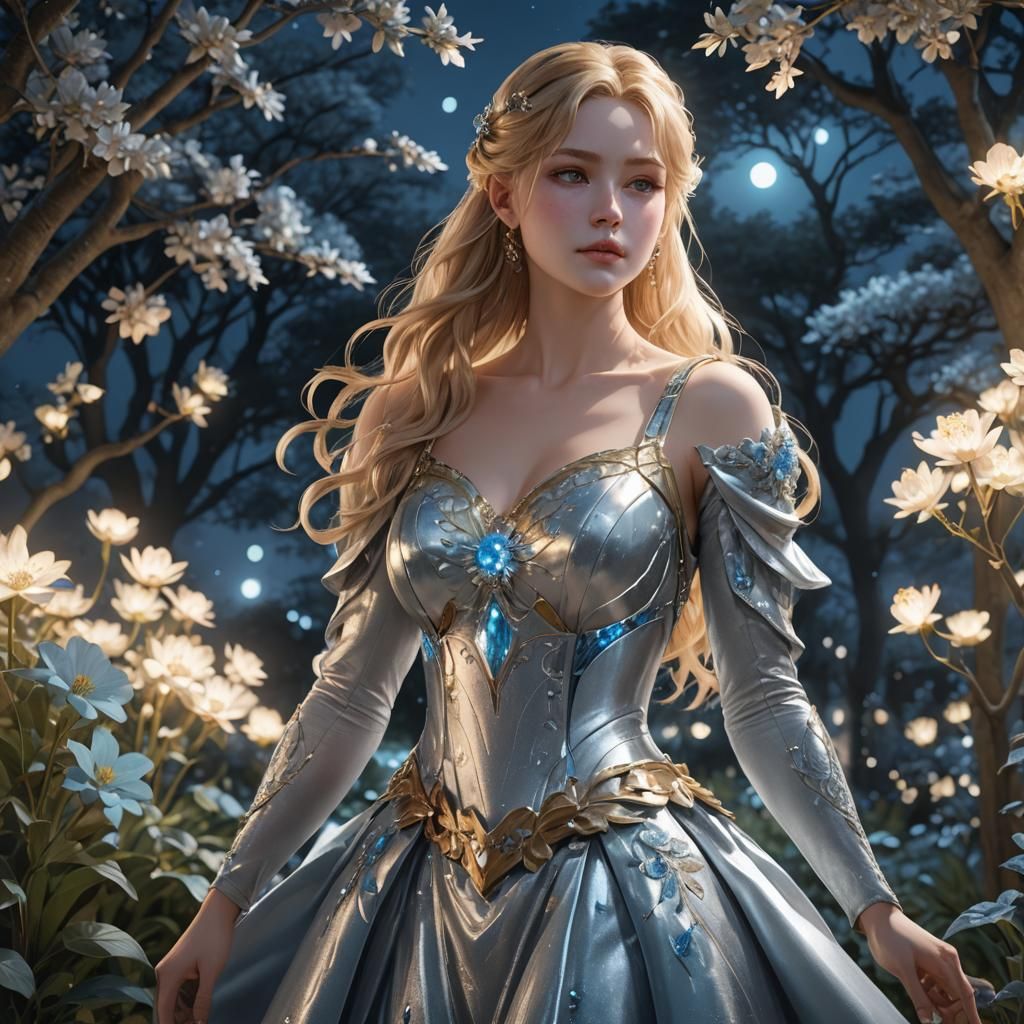 Anime Woman in Moonlit Garden, 3D Render