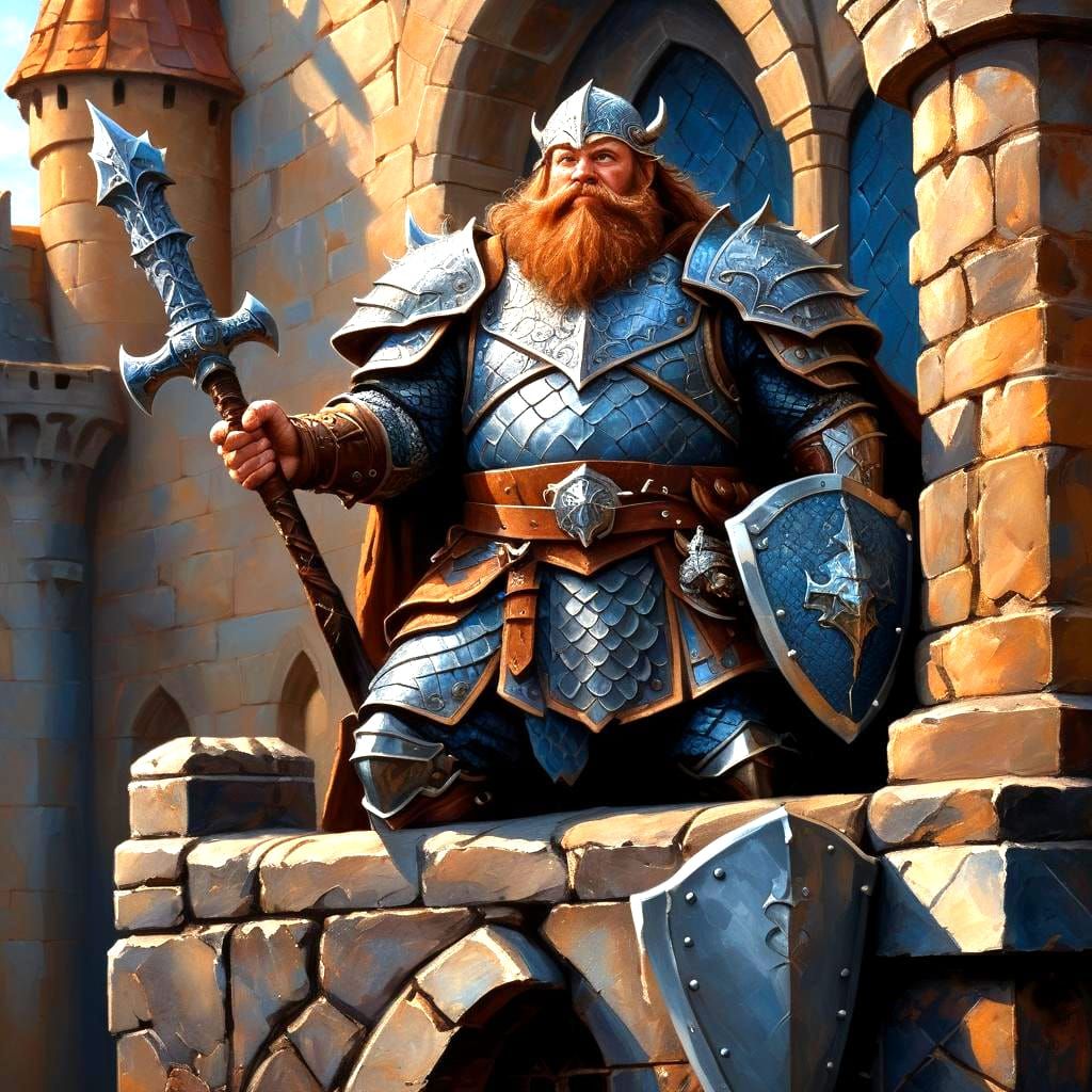 Dwarf Warrior Priest on Castle Wall as Oil Painting