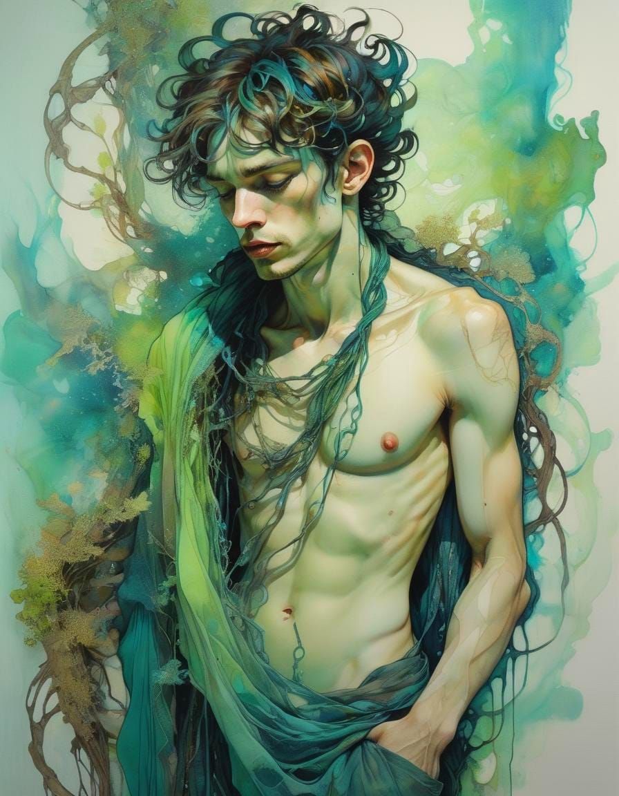 Art Nouveau Mists in Lime Green and Teal