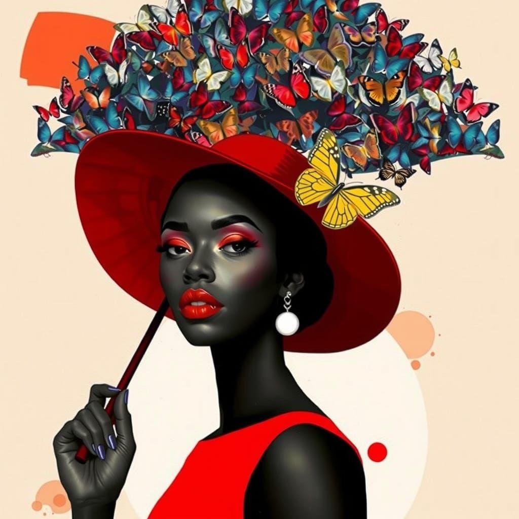 Elegant African American Woman with Butterfly Umbrella