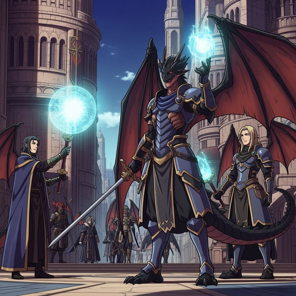 Dragonfolk Sorcerers in Opulent Cities, Anime Style